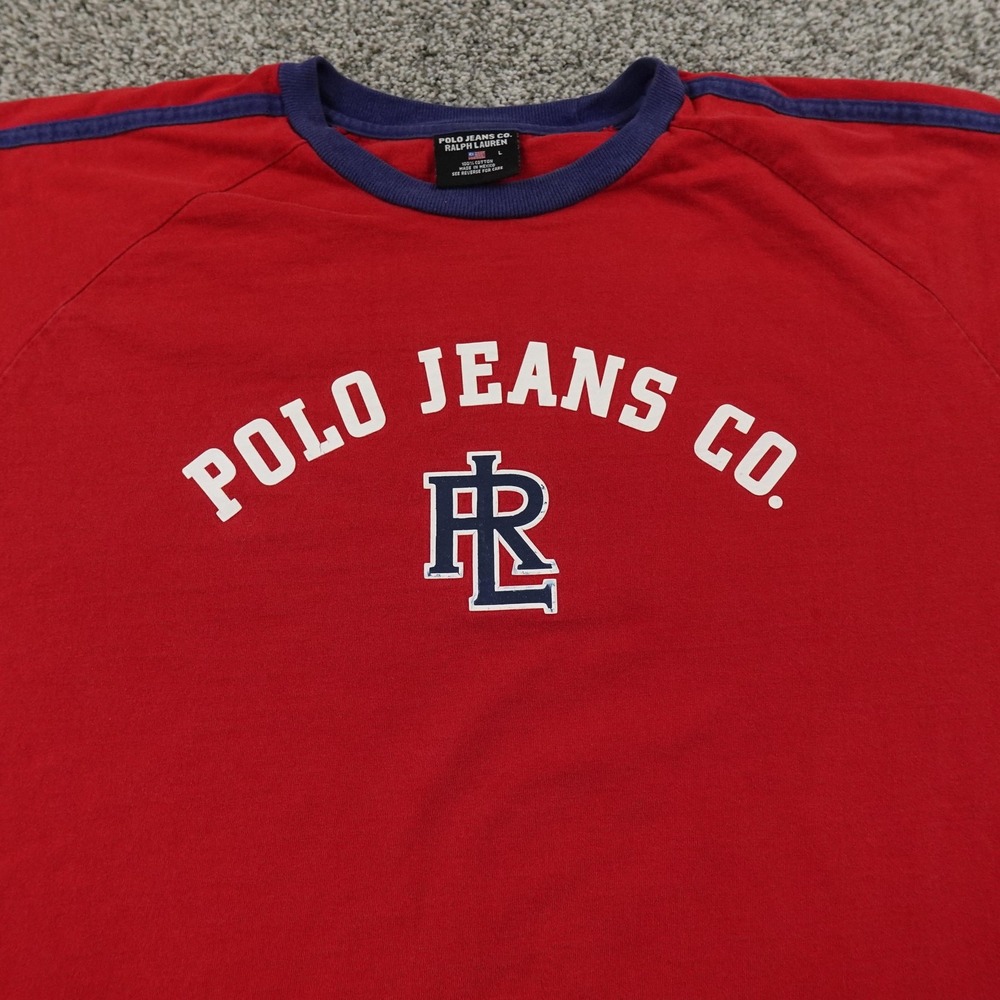 VTG Ralph Lauren Shirt Mens L Red Polo Jeans Graphic Logo Short Sleeve 90s‎ Y2K